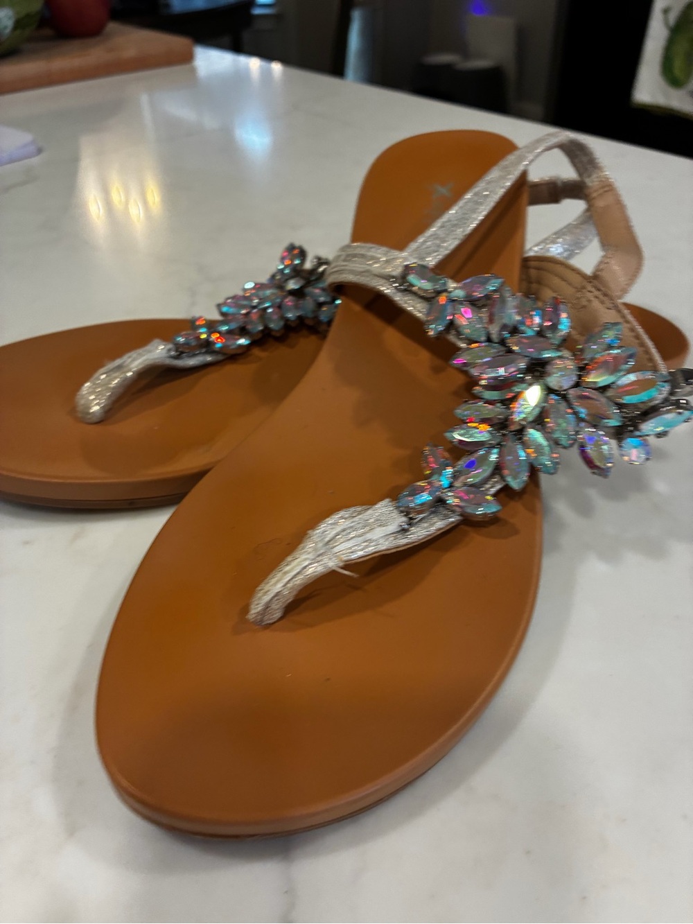 Embellished Metallic Beige T-Strap Sandals - Women
